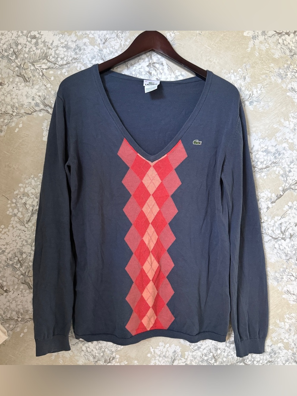 Vintage Lacoste 100% Cotton Argyle V Neck Sweater Navy Apricot L XL Preppy